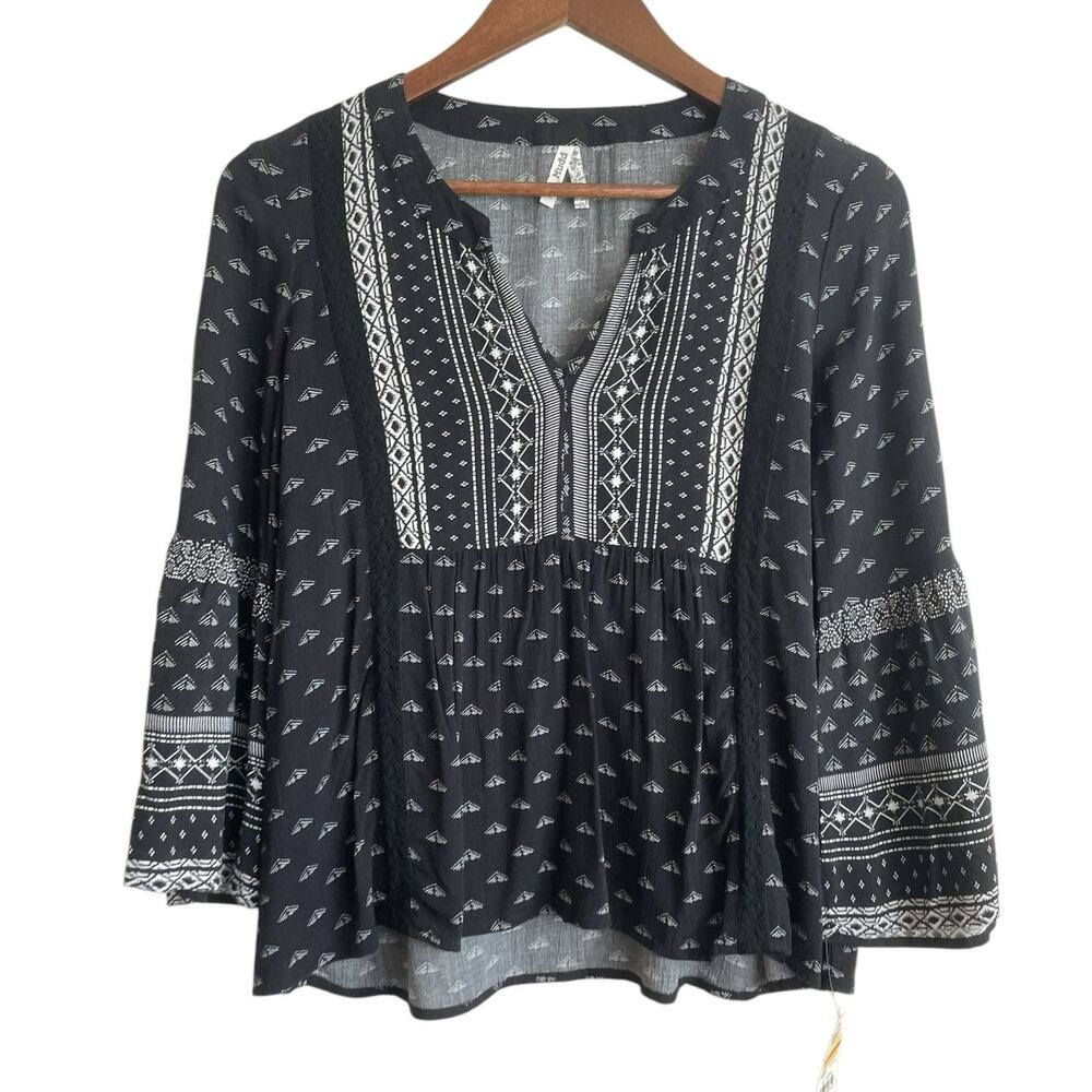 MUDD Women Top XS Black Bell Sleeve Boho‎ Babydoll Cottage Y2K Retro Girly NEW